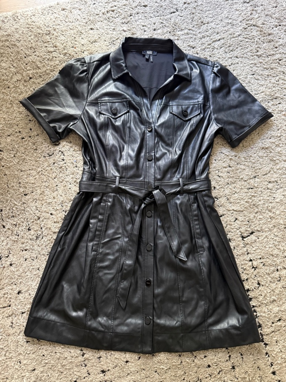 PAIGE Black Faux Leather Shirt Dress with Tie Belt